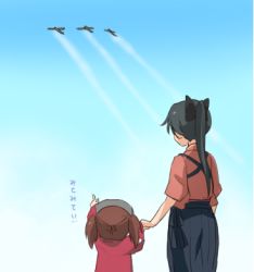 Rule 34 | 10s, 2girls, aircraft, airplane, bad id, bad pixiv id, black hair, blush, brown hair, contrail, day, from behind, holding hands, houshou (kancolle), japanese clothes, kantai collection, kisetsu, long hair, lowres, multiple girls, pointing, ponytail, ryuujou (kancolle), sky, tasuki, translated, twintails, visor cap, aged down