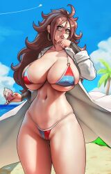 Rule 34 | 1girl, android 21, beach, bikini, blue eyes, breasts, brown hair, coat, cowboy shot, curly hair, curvy, dragon ball, dragon ball fighterz, earrings, eu03, glasses, highres, huge breasts, jewelry, lab coat, long hair, nail polish, navel, open clothes, open coat, original, ring, skindentation, sky, solo, swimsuit, thick thighs, thighs, two-tone bikini, underboob, white coat, wide hips