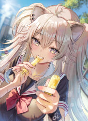 1girl absurdres ahoge alternate_costume animal_ear_piercing animal_ears black_serafuku blush breasts double-parted_bangs fangs grey_eyes grey_hair grin hair_between_eyes highres hololive hot incoming_food large_breasts lion_ears long_hair looking_at_viewer madopen messy_hair parted_hair sailor_collar school_uniform serafuku shishiro_botan short_sleeves sidelocks smile solo summer sunlight sweat tupet two_side_up very_sweaty virtual_youtuber white_sailor_collar wrist_cuffs