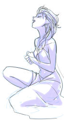 Rule 34 | 1girl, a-ka, braid, elsa (frozen), closed eyes, frozen (disney), hair over shoulder, looking up, monochrome, music, on one knee, open mouth, singing, single braid, sketch, solo