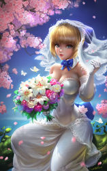Rule 34 | 1girl, artist name, artoria pendragon (fate), bare shoulders, blonde hair, blue bow, blue eyes, blue ribbon, blue sky, bouquet, bow, breasts, bridal veil, bride, bug, butterfly, cherry blossoms, cleavage, covered navel, cowboy shot, day, dress, fate/stay night, fate (series), flower, gloves, highres, holding, holding bouquet, bug, lace, lace-trimmed dress, lace trim, large breasts, long hair, looking at viewer, nero claudius (bride) (fate), nero claudius (fate), nero claudius (fate), nose, ocean, outdoors, petals, pink lips, plant, ribbon, rose, saber (fate), signature, sky, solo, strapless, strapless dress, branch, veil, wedding dress, white dress, white flower, white gloves, wu xiandeng
