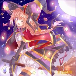Rule 34 | 1boy, alternate costume, artist name, astolfo (fate), black bow, black gloves, bow, braid, broom, broom riding, candy, djchanmio, dress, elbow gloves, fang, fate/grand order, fate (series), food, full moon, gloves, gold bracelet, gold trim, hair bow, halloween, hat, hat bow, highres, large bow, long braid, male focus, moon, multicolored hair, one eye closed, pantaloons, pink hair, purple bow, purple eyes, red ribbon, ribbon, single braid, skin fang, sky, smile, solo, sparkle, star (sky), star (symbol), starry sky, streaked hair, striped clothes, striped thighhighs, thighhighs, trap, two-tone hair, v, white hair, witch hat