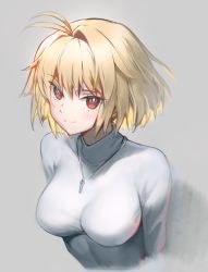 Rule 34 | 1girl, ahoge, antenna hair, arcueid brunestud, arms at sides, blonde hair, breasts, closed mouth, commentary request, cross, cross necklace, grey background, hair between eyes, hair intakes, jewelry, large breasts, long sleeves, looking at viewer, necklace, red eyes, short hair, siino, simple background, smile, solo, sweater, tsukihime, tsukihime (remake), turtleneck, turtleneck sweater, upper body, vampire, white sweater