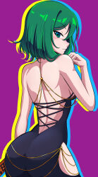 Rule 34 | 1girl, alternate costume, ass, back, black dress, bmkro, chain, closed mouth, commentary, dress, gold chain, green eyes, green hair, highres, looking at viewer, meme attire, modakawa dress, purple background, rod of remorse, shiki eiki, short hair, simple background, solo, touhou
