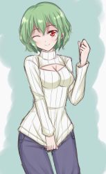 Rule 34 | 1girl, alternate costume, bad id, bad pixiv id, breasts, casual, cleavage, contemporary, denim, green hair, highres, jeans, kazami yuuka, long sleeves, medium breasts, meme attire, one eye closed, open-chest sweater, pants, red eyes, ribbed sweater, smile, solo, sweater, touhou, turtleneck, wendell