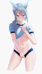 Rule 34 | 1girl, absurdres, animal ear fluff, animal ears, blue archive, blue buruma, blue eyes, blush, breasts, buruma, buruma pull, closed mouth, clothes lift, clothes pull, cropped legs, cross hair ornament, ear piercing, extra ears, grey hair, gym uniform, hair ornament, halo, highres, kazane-wind, lifted by self, medium breasts, navel, piercing, ponytail, pulled by self, shiroko (blue archive), shirt, shirt lift, simple background, solo, stomach, sweat, thighs, underboob, white background, white shirt, wolf ears