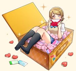 Rule 34 | 1girl, berisuno (beriberi0707), black socks, blue bow, blue bowtie, blue skirt, blush, bow, bowtie, box, brown hair, commentary request, covering own mouth, envelope, heart, highres, holding, holding envelope, in box, in container, kneehighs, koizumi hanayo, looking at viewer, love live!, love live! school idol project, miniskirt, no shoes, otonokizaka school uniform, purple eyes, school uniform, short hair, short sleeves, sitting, skirt, socks, solo, sparkle, striped bow, striped bowtie, striped clothes, striped neckwear, sweater vest, tan background