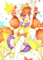 Rule 34 | 1girl, alternate eye color, amanogawa kirara, armpits, arms up, blush, boots, brown eyes, brown hair, cure twinkle, earrings, gloves, go! princess precure, jewelry, long hair, low-tied long hair, magical girl, multicolored hair, petticoat, precure, quad tails, red hair, satou (kuso-neet), simple background, skirt, solo, star (symbol), star earrings, streaked hair, striped, striped background, thigh boots, thighhighs, twintails, two-tone hair, white footwear, white gloves, white thighhighs