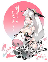 Rule 34 | 00s, 1girl, 2009, animal ears, animal print, bell, breasts, collar, cow, cow ears, cow girl, cow print, cowbell, elbow gloves, garter belt, gloves, horns, kneeling, kousaki rui, large breasts, long hair, low-tied long hair, neck bell, new year, stuffed animal, stuffed toy, thighhighs, white hair
