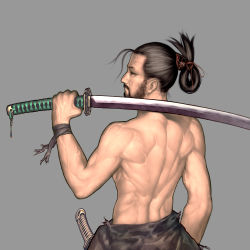 Rule 34 | 1boy, back, bare back, beard, brown hair, envenomist (gengoroumaru), facial hair, folded ponytail, from behind, katana, male focus, manly, muscular, over shoulder, ponytail, simple background, solo, sword, sword over shoulder, topless male, upper body, weapon, weapon over shoulder