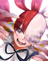 Rule 34 | 1girl, absurdres, breasts, commentary request, eyes visible through hair, foreshortening, hair over one eye, hair rings, headphones, highres, large breasts, mugicha (zoro1132), multicolored hair, one piece, one piece film: red, open mouth, portrait, red hair, smile, solo, split-color hair, two-tone hair, uta (one piece), v-shaped eyebrows, white hair