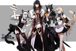 Rule 34 | 2boys, 2girls, :q, agria (tales), alternate costume, animal ears, apron, black dress, black hair, black legwear, black panties, bow, breasts, brown hair, cake, cat ears, cat tail, copyright name, crossed arms, dress, food, fork, formal, freckles, fruit, gaius (tales), glasses, hand on own hip, hip focus, kemonomimi mode, long hair, medium breasts, multiple boys, multiple girls, panties, pantyshot, parfait, plate, pleated dress, presa (tales), red eyes, short dress, short sleeves, skirt, starshadowmagician, strawberry, suit, tail, tales of (series), tales of xillia, thighhighs, tongue, tongue out, underwear, waitress, white hair, wingul (tales)