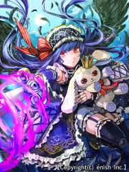 Rule 34 | 1girl, bad id, bad pixiv id, character request, company name, crown, doll joints, dragon tactics, feathers, garter straps, hairband, ichinose777, joints, lolita hairband, long hair, official art, purple hair, red eyes, solo, stuffed animal, stuffed rabbit, stuffed toy, sword, thighhighs, weapon, wings