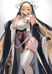 Rule 34 | 1girl, :o, absurdres, azur lane, bare shoulders, black gloves, blonde hair, blush, breasts, detached sleeves, gloves, hair between eyes, half gloves, halo, highres, horns, implacable (azur lane), large breasts, long hair, long sleeves, looking at viewer, navel, nun, open mouth, red eyes, simple background, solo, thighhighs, thighs, white thighhighs, wide sleeves, yamanokami eaka