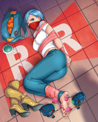 Rule 34 | 1girl, abduction, absurdres, ass, barefoot, bdsm, belly, blue eyes, blue hair, bondage, bound, bound ankles, bound wrists, breasts, bulma, cleavage, cleave gag, cloth gag, denim, dragon ball, dragon ball (object), dragon ball super, dragon radar, earrings, feet, gag, gagged, highres, improvised gag, jeans, jewelry, kidnapped, lipstick, lost one zero, makeup, navel, one eye closed, over the nose gag, pants, shadow, shirt, shoes, unworn shoes, sweat, tape, tape bondage, tickling, toes, white shirt