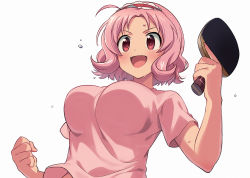 Rule 34 | 1girl, :d, ahoge, asada hachi, blush, breasts, clenched hand, hairband, holding, holding paddle, huge breasts, oomune mune, open mouth, paddle, pink hair, pink shirt, shakunetsu no takkyuu musume, shirt, short hair, short sleeves, simple background, smile, solo, sweat, table tennis paddle, upper body, wavy hair, white background