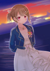 Rule 34 | 1girl, absurdres, alternate hairstyle, arms behind back, artist name, artist request, blue jacket, blue sky, blush, bow, bracelet, braid, braided ponytail, breasts, brown hair, cleavage, cloud, collarbone, collared jacket, crescent, crescent necklace, criss-cross halter, cropped jacket, cross-laced clothes, cross-laced dress, crown braid, dress, dress bow, female focus, floral print, flower, flower print, frilled dress, frilled skirt, frills, grey hair, hair bobbles, hair bow, hair ornament, hairclip, hairpin, halterneck, high ponytail, highres, jacket, jewelry, light brown hair, looking at viewer, love live!, love live! nijigasaki high school idol club, love live! school idol festival, love live! school idol festival all stars, margaret (love live!), miniskirt, moon necklace, nakasu kasumi, necklace, night, night sky, ocean, outdoors, parted lips, pearl bracelet, pearl hair ornament, pearl necklace, pink bow, pink eyes, pink flower, pink ribbon, plaid, plaid dress, plaid skirt, pleated, pleated dress, pleated skirt, ponytail, purple eyes, ribbon, short hair, short ponytail, skirt, sky, sleeves past elbows, small breasts, smile, solo, star (symbol), star hair ornament, sunset, white bow, white dress, white skirt, x hair ornament, yellow bow, yellow flower