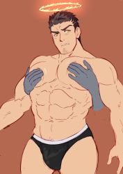 Rule 34 | 1boy, abs, alternate facial hair, bara, black male underwear, blush, bootyelectric (chocotaurnsfw), briefs, bulge, disembodied hand, facial hair, feet out of frame, goatee, grabbing, groping, halo, highres, large pectorals, male focus, male underwear, mature male, motion lines, muscular, muscular male, navel, nipples, pectoral grab, pectorals, short hair, sideburns, solo, stomach, thick thighs, thighs, tokyo houkago summoners, topless male, underwear, underwear only, zabaniyya (housamo)