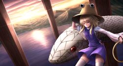 Rule 34 | 1girl, blonde hair, brown hat, brown ribbon, closed mouth, cloud, commentary request, diffraction spikes, hair ribbon, hand on headwear, hat, highres, hip vent, holding, holding weapon, horizon, landscape, long sleeves, looking at viewer, maitake (maitake1234), mishaguji, moriya&#039;s iron rings, moriya suwako, mountain, onbashira, outstretched arm, purple skirt, purple vest, red eyes, reflection, ribbon, sidelocks, skirt, skirt set, sleeves pushed up, smile, snake, sun, sunlight, thighhighs, touhou, tress ribbon, twilight, vest, water, weapon, white snake, white thighhighs, wind, yellow eyes