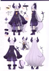Rule 34 | 1girl, absurdres, ahoge, ankle cuffs, blush, boots, character sheet, coat, collar, cuffs, grey hair, high heel boots, high heels, highres, hololive, horns, la+ darknesss, la+ darknesss (1st costume), long hair, looking at viewer, metal collar, mishima kurone, multicolored hair, multiple views, pointy ears, purple coat, purple footwear, scan, simple background, single thighhigh, sleeves past fingers, sleeves past wrists, standing, streaked hair, striped horns, tail, thighhighs, very long hair, virtual youtuber, yellow eyes