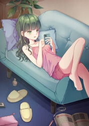 Rule 34 | 1girl, :3, absurdres, bare legs, barefoot, blunt bangs, breasts, cellphone, collarbone, couch, eyelashes, feet, green eyes, green hair, grey hair, hands up, highres, holding, indoors, knee up, legs, lying, mamdtsubu, mechanical pencil, nail polish bottle, on back, open mouth, original, pencil, phone, pillow, pink tank top, plant, red shorts, shadow, short shorts, shorts, sidelocks, slippers, small breasts, smartphone, solo, tank top, thighs