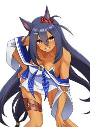 Rule 34 | absurdres, animal ears, bare shoulders, bikini, black bikini, black hair, blush, breasts, cleavage, commentary request, dark-skinned female, dark skin, ear scrunchie, feet out of frame, grin, hair between eyes, hair ornament, hairclip, highres, hishi amazon (umamusume), horse ears, horse girl, horse tail, large breasts, long hair, looking at viewer, off-shoulder shirt, off shoulder, red eyes, senchan 7, shirt, simple background, smile, swimsuit, tail, thigh strap, umamusume, v-shaped eyebrows, white background, white shirt
