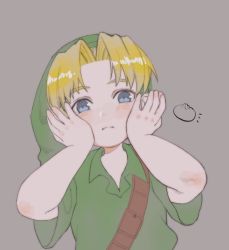 Rule 34 | 1boy, blonde hair, blouse, blue eyes, blush, cheek squash, child, collared shirt, frown, green shirt, grey background, hands on own cheeks, hands on own face, hat, link, male focus, nintendo, parted bangs, parted hair, shirt, simple background, solo, t5oy7a8, the legend of zelda, the legend of zelda: ocarina of time, upper body, young link