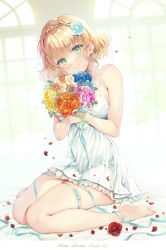 Rule 34 | 1girl, bare legs, bare shoulders, barefoot, blonde hair, blue flower, blue ribbon, blue rose, blurry, blurry background, blush, bouquet, braid, closed mouth, commentary, crossed bangs, english text, feet, female focus, flower, french braid, frilled skirt, frills, full body, green eyes, hair between eyes, hair flower, hair ornament, hands on own chest, head tilt, highres, holding, holding flower, looking at viewer, natalia luzu kimlasca lanvaldear, orange flower, orange rose, pink flower, pink rose, ribbon, rose, seiza, short hair, shuragyoku mami, sidelocks, sitting, skirt, smile, solo, tales of (series), tales of the abyss, wariza, yellow flower, yellow rose