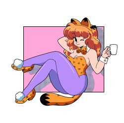 Rule 34 | 1girl, animal ears, black eyes, border, bow, bowtie, breasts, cat ears, cat tail, chickorysticks, closed mouth, crossed legs, cup, detached collar, drop shadow, fake animal ears, fake tail, full body, garfield, garfield (character), high heels, highres, holding, holding cup, invisible chair, leotard, long hair, looking at viewer, medium breasts, mug, no sclera, nontraditional playboy bunny, one eye closed, orange bow, orange bowtie, orange footwear, orange hair, orange leotard, pantyhose, pink background, pom pom (clothes), purple pantyhose, simple background, sitting, smile, solo, strapless, strapless leotard, tail, traditional bowtie, white border, wrist cuffs