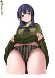 Rule 34 | 1girl, black neckerchief, black panties, blush, breasts, cameltoe, clothes lift, cropped legs, ebifurya, gluteal fold, green sailor collar, green shirt, green skirt, grey panties, highres, kantai collection, kitakami (kancolle), lifted by self, long hair, looking at viewer, looking down, medium breasts, neckerchief, one-hour drawing challenge, panties, parted lips, pleated skirt, purple eyes, purple hair, sailor collar, shirt, sidelocks, simple background, skirt, skirt lift, solo, striped clothes, striped panties, thighs, twitter username, two-tone panties, underwear, vertical-striped clothes, vertical-striped panties, white background
