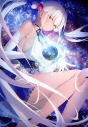 Rule 34 | 1girl, absurdres, bare legs, blue skirt, breasts, brown eyes, closed mouth, earth (planet), feet out of frame, hair ornament, high-waist skirt, highres, hololive, hololive english, large breasts, long hair, planet, planet hair ornament, pointy ears, scan, sideboob, skirt, smile, solo, space, toosaka asagi, tsukumo sana, tsukumo sana (1st costume), twintails, usaslug (tsukumo sana), very long hair, virtual youtuber