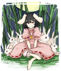 Rule 34 | 1girl, animal ears, bad id, bad pixiv id, bamboo, bamboo forest, barefoot, black hair, clenched teeth, forest, full moon, inaba tewi, indian style, kankan33333, moon, nature, rabbit, rabbit ears, red eyes, sitting, teeth, touhou