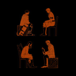 Rule 34 | 4boys, aged up, amuii, black background, book, crate, crutch, eren yeager, facing another, from side, full body, glasses, holding, holding book, levi (shingeki no kyojin), male focus, monochrome, multiple boys, no eyes, on chair, orange theme, profile, reiner braun, shingeki no kyojin, short hair, simple background, sitting, zeke yeager