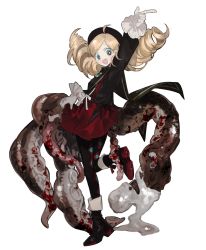 Rule 34 | 1girl, :d, ahoge, bad id, bad pixiv id, black footwear, black pantyhose, black shirt, blood, blouse, blush, boots, creepy, drill hair, eldritch abomination, extra eyes, full body, hat, horror (theme), long hair, long sleeves, lunch (lunchicken), monster girl, open mouth, original, pantyhose, pleated skirt, red skirt, shirt, skirt, smile, solo, standing, standing on one leg, suction cups, suspender skirt, suspenders, tentacles, transparent background, twin drills