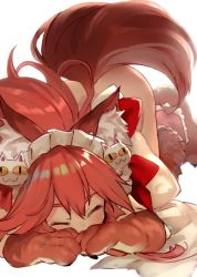 Rule 34 | 10s, 1girl, :3, animal ears, animal hands, blush, bottomless, bow, bridal garter, cat day, cat hair ornament, closed eyes, cursor, fate/extra, fate/grand order, fate (series), fox ears, fox tail, frills, gloves, hair bow, hair ornament, jpeg artifacts, long hair, maid headdress, paw gloves, paw shoes, ponytail, red bow, red gloves, shirabi, shoes, simple background, solo, tail, tamamo (fate), tamamo cat (fate), tamamo cat (third ascension) (fate), tamamo no mae (fate/extra), top-down bottom-up, white background, wince