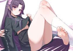 Rule 34 | 1girl, black sailor collar, black skirt, blue archive, blush, breasts, closed mouth, commentary, feet, halo, highres, long hair, long sleeves, looking at viewer, medium breasts, miniskirt, mr.zhuo, neckerchief, panties, pleated skirt, purple eyes, purple hair, purple neckerchief, sailor collar, school uniform, serafuku, simple background, single sock, sitting, skirt, socks, soles, solo, sweat, symbol-only commentary, underwear, very long hair, white background, white panties, white socks, wide sleeves, yukari (blue archive)