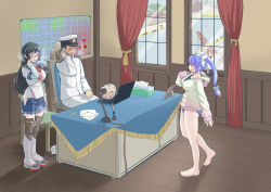 Rule 34 | 1boy, 2girls, admiral (kancolle), aftersex, alternate breast size, black hair, blue hair, blue skirt, breasts, chair, commentary, computer, crane (machine), desk, glasses, green hairband, hairband, hat, highres, holding, holding clothes, holding panties, holding underwear, i-19 (kancolle), indoors, kantai collection, laptop, large breasts, long hair, long sleeves, map, military, military uniform, mimofu (fullhighkick), miniskirt, multiple girls, naval uniform, one-piece swimsuit, ooyodo (kancolle), panties, unworn panties, peaked cap, pleated skirt, school swimsuit, school uniform, serafuku, skirt, speech bubble, swimsuit, swimsuit under clothes, thighhighs, tissue box, translated, tri tails, underwear, uniform, window, wooden floor
