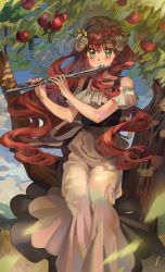 Rule 34 | 1girl, absurdres, apple, brown hair, dress, flute, food, fruit, green eyes, highres, in tree, instrument, korean commentary, looking at viewer, music, original, playing instrument, seveneightdu, sitting, sitting in tree, solo, tree, white dress
