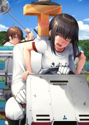 Rule 34 | 1boy, 2girls, angry, bare arms, black hair, blue sky, blush, boots, brand name imitation, breast press, breasts, brown hair, clenched teeth, cloud, collarbone, day, driving, embarrassed, fubuki (kancolle), furrowed brow, gloves, grass, green eyes, gym uniform, hat, highres, hill, holding, ichikawa feesu, kantai collection, looking at another, looking back, low ponytail, machine, military, military uniform, mitsubishi, multiple girls, name tag, nose blush, one eye closed, open mouth, outdoors, photo background, rice paddy, rice planting, scowl, shirayuki (kancolle), shirt, short hair, short ponytail, short sleeves, sidelocks, sky, small breasts, straw hat, t-head admiral, teeth, translated, uniform, v-shaped eyebrows, weed whacker, white gloves, white shirt, yellow eyes