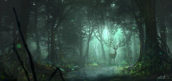 Rule 34 | antlers, blurry, deer, depth of field, forest, green theme, highres, horns, light, light particles, looking at viewer, masahiro sawada, mononoke hime, nature, no humans, outdoors, reflection, scenery, shishigami, shishigami (mononoke hime), signature, stream, tree, water