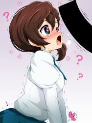 Rule 34 | 1girl, ?, bar censor, blue eyes, blush, brown hair, censored, collared shirt, commentary request, gegege no kitarou, gradient background, heart, heart-shaped pupils, inuyama mana, konpeto, long sleeves, necktie, open mouth, ponytail, school uniform, sexually suggestive, shirt, skirt, steaming body, sweat, symbol-shaped pupils, tongue, tongue out, trembling, white shirt