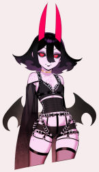 Rule 34 | 1girl, bare shoulders, black bra, black hair, black lips, black lips, black panties, black sclera, body freckles, bra, choker, colored inner hair, colored sclera, commentary, commission, cowboy shot, cropped legs, demon girl, detached sleeves, english commentary, flat chest, freckles, grey background, halphelt, highres, horns, lipstick, long sleeves, looking at viewer, low wings, makeup, medium hair, multicolored hair, nes (halphelt), original, panties, red eyes, simple background, sleeves past fingers, sleeves past wrists, smile, solo, standing, underbust, underwear, very long sleeves, wings, yellow choker
