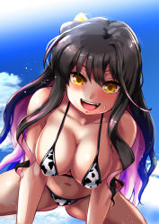 Rule 34 | 1girl, absurdres, all fours, animal print, bikini, black hair, blue sky, breasts, cleavage, cloud, commentary request, cow print, day, fangs, highres, kantai collection, large breasts, long hair, looking at viewer, multicolored hair, naganami (kancolle), navel, outdoors, pink hair, sky, solo, swimsuit, two-tone hair, wavy hair, white bikini, yellow quokka