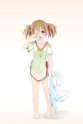 Rule 34 | 10s, 1girl, barefoot, blush, brown hair, highres, hoshino ouka, legs, looking at viewer, nightgown, no pants, one eye closed, open mouth, pajamas, pina (sao), rubbing eyes, short hair, short twintails, silica, sleepwear, sleepy, solo, sword art online, twintails, wink