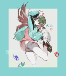 Rule 34 | 1girl, arm up, border, bottle, brown eyes, brown footwear, brown hair, camouflage, camouflage headwear, commentary, creatures (company), floating hair, game freak, green border, green jacket, grey shorts, holding, holding poke ball, jacket, leaf (pokemon), leaf (sygna suit) (pokemon), lillin, long hair, long sleeves, nintendo, official alternate costume, open clothes, open jacket, pink shirt, poke ball, pokemon, pokemon masters ex, shirt, shoes, shorts, sneakers, solo