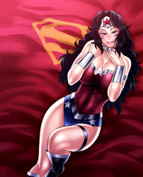 Rule 34 | 1girl, animification, bare shoulders, black hair, blue leotard, boots, breasts, chiba toshirou, dc comics, jewelry, large breasts, leotard, lips, long hair, lying, red leotard, smile, solo, superman (series), tiara, wonder woman, wonder woman (series)