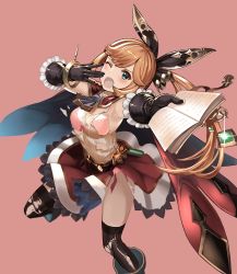Rule 34 | 10s, 1girl, absurdres, bad id, bad twitter id, black thighhighs, blush, book, bra, brown hair, cape, clarisse (granblue fantasy), effort ryo, gloves, granblue fantasy, green eyes, highres, long hair, looking at viewer, one eye closed, outstretched arm, panties, pink bra, pink panties, ryou (effort), skirt, solo, thighhighs, torn clothes, underwear, very long hair