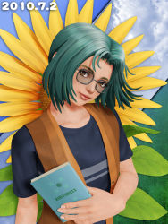 Rule 34 | 10s, 1boy, 2010, 3d, book, dated, earina3d, flower, glasses, green hair, holding, holding book, looking at viewer, male focus, morimura sakuya, solo, standing, sunflower, tokimeki memorial, tokimeki memorial girl&#039;s side