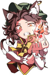 Rule 34 | 1girl, animal ear fluff, animal ears, bow, bowtie, breasts, brown eyes, brown hair, cat ears, cat tail, chen, clenched teeth, commentary request, cropped torso, earrings, fire, fire, floating hair, gokuu (acoloredpencil), gold trim, hat, highres, jewelry, juliet sleeves, long sleeves, looking down, mob cap, multiple tails, nekomata, one-hour drawing challenge, puffy sleeves, pyrokinesis, red shirt, serious, shirt, short hair, simple background, single earring, slit pupils, small breasts, solo, sweat, tail, teeth, touhou, two tails, upper body, v-shaped eyebrows, white background, yellow bow, yellow bowtie