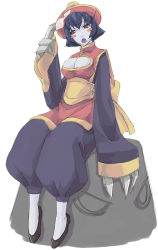Rule 34 | 1girl, baggy pants, blue hair, blue skin, blush stickers, breasts, capcom, chinese clothes, claws, cleavage, cleavage cutout, clothing cutout, colored skin, face, flats, flipped hair, jiangshi, kyo (kuroichigo), lei lei, pants, red eyes, short hair, sitting, solo, vampire (game)